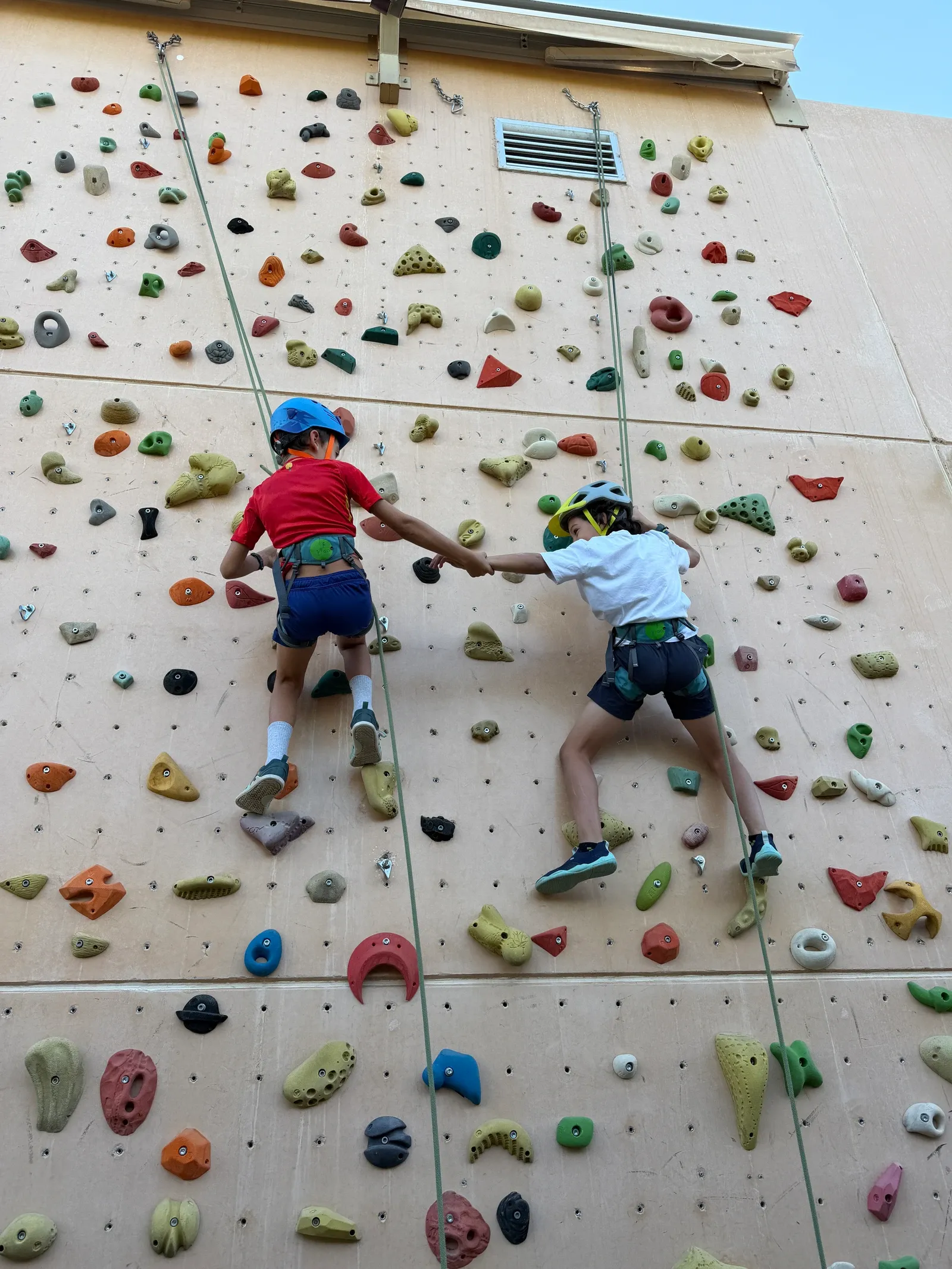 Dos alumnos con casco y arnés se dan la mano mientras escalan el rocódromo del colegio.
