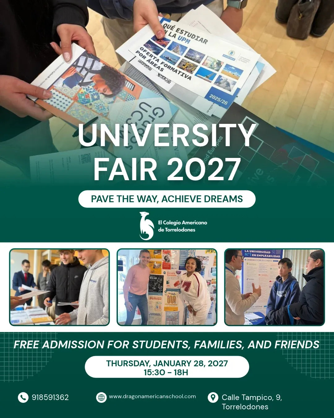 Cartel de la University Fair 2027: jueves 28 de enero de 2027, de 15:30 a 18:00, en la calle Tampico 9 de Torrelodones. Entrada libre para alumnos, familias y amigos.