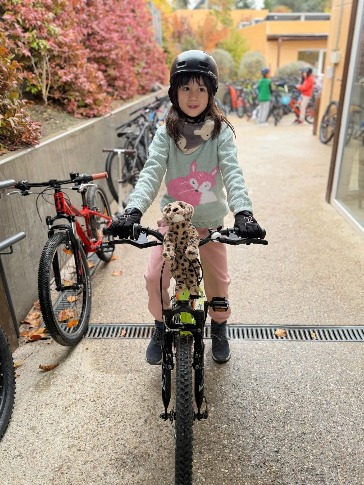 Una niña con casco monta en bicicleta por el camino del colegio.