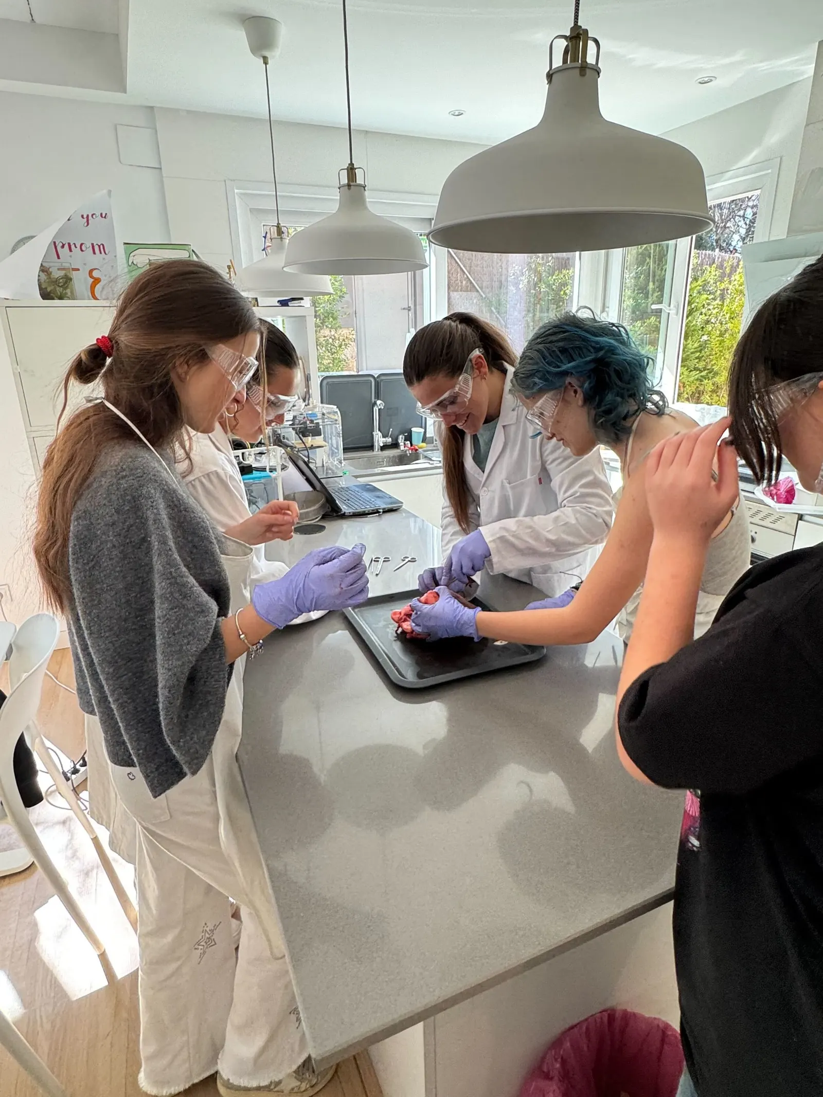 Tres alumnas con bata y guantes trabajan en una práctica de laboratorio.